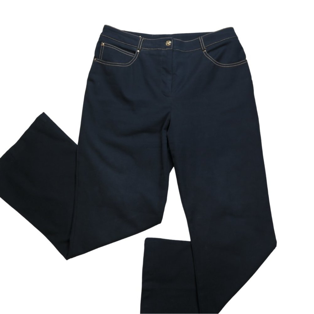 St. John Sport Black Denim Jeans SZ 12 Gold Stitching/Hardware Pineapple Pocket